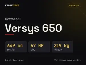 Kawasaki Versys 650 teknik veri kartı — hacim, güç, ağırlık | KARAKRİDER
