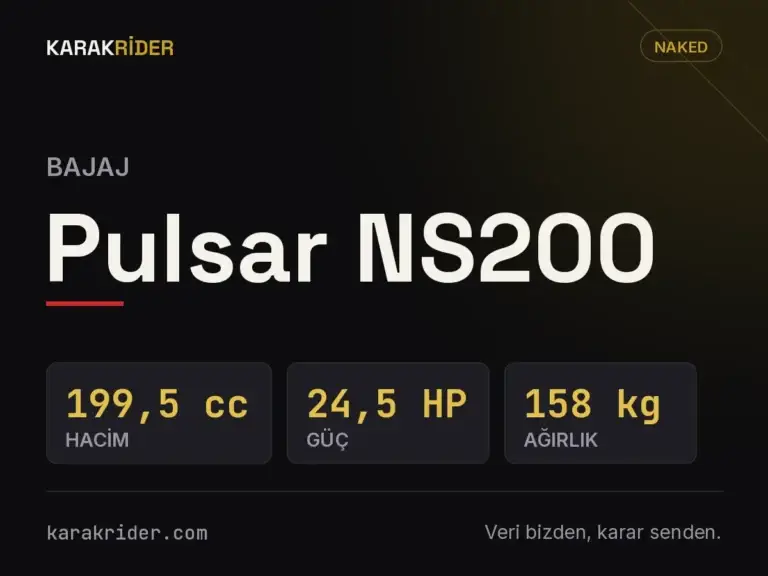 Bajaj Pulsar NS200 teknik veri kartı — hacim, güç, ağırlık | KARAKRİDER