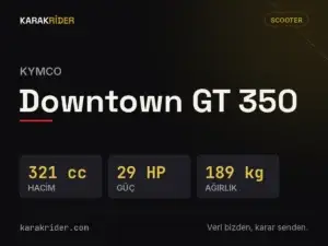 Kymco Downtown GT 350 teknik veri kartı — hacim, güç, ağırlık | KARAKRİDER