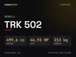 Benelli TRK 502 teknik veri kartı — hacim, güç, ağırlık | KARAKRİDER