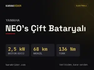 Yamaha NEO's Çift Bataryalı teknik veri kartı — hacim, güç, ağırlık | KARAKRİDER