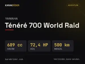 Yamaha Ténéré 700 World Raid teknik veri kartı — hacim, güç, ağırlık | KARAKRİDER