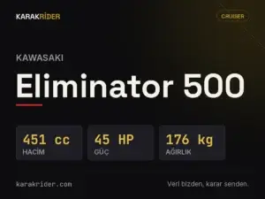 Kawasaki Eliminator 500 teknik veri kartı — hacim, güç, ağırlık | KARAKRİDER