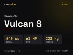 Kawasaki Vulcan S teknik veri kartı — hacim, güç, ağırlık | KARAKRİDER