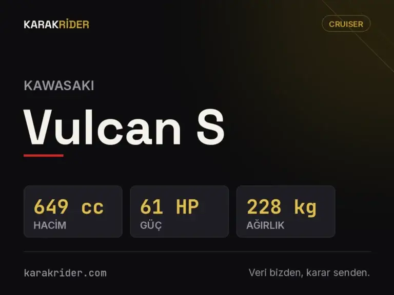 Kawasaki Vulcan S teknik veri kartı — hacim, güç, ağırlık | KARAKRİDER