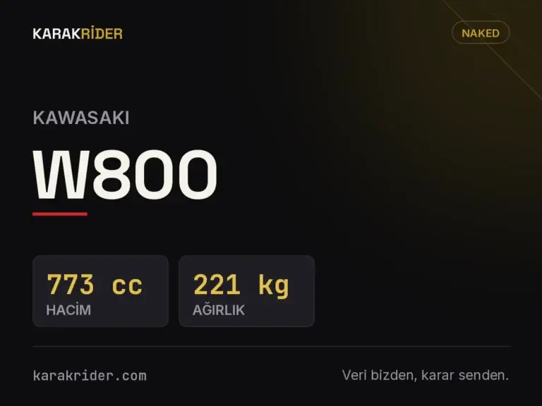 Kawasaki W800 teknik veri kartı — hacim, güç, ağırlık | KARAKRİDER