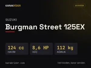 Suzuki Burgman Street 125EX teknik veri kartı — hacim, güç, ağırlık | KARAKRİDER