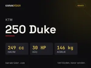 KTM 250 Duke teknik veri kartı — hacim, güç, ağırlık | KARAKRİDER