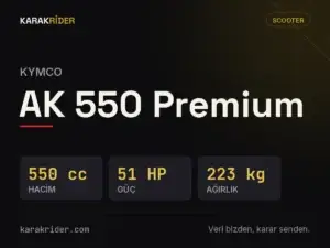 Kymco AK 550 Premium teknik veri kartı — hacim, güç, ağırlık | KARAKRİDER