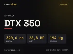 Kymco DTX 350 teknik veri kartı — hacim, güç, ağırlık | KARAKRİDER