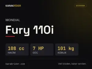 Mondial Fury 110i teknik veri kartı — hacim, güç, ağırlık | KARAKRİDER