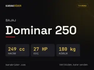 Bajaj Dominar 250 teknik veri kartı — hacim, güç, ağırlık | KARAKRİDER