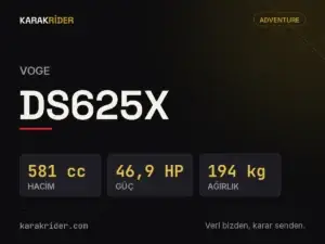 Voge DS625X teknik veri kartı — hacim, güç, ağırlık | KARAKRİDER