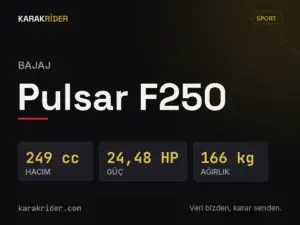 Bajaj Pulsar F250 teknik veri kartı — hacim, güç, ağırlık | KARAKRİDER