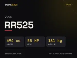 Voge RR525 teknik veri kartı — hacim, güç, ağırlık | KARAKRİDER