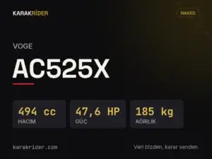 Voge AC525X teknik veri kartı — hacim, güç, ağırlık | KARAKRİDER