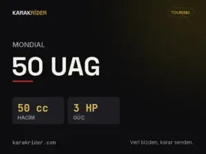 Mondial 50 UAG teknik veri kartı — hacim, güç, ağırlık | KARAKRİDER