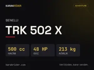 Benelli TRK 502 X teknik veri kartı — hacim, güç, ağırlık | KARAKRİDER