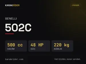 Benelli 502C teknik veri kartı — hacim, güç, ağırlık | KARAKRİDER