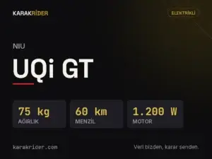 NIU UQi GT teknik veri kartı — hacim, güç, ağırlık | KARAKRİDER
