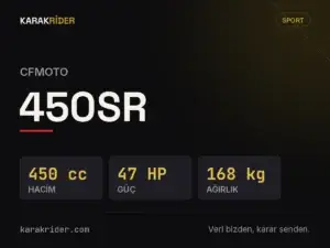 CFMOTO 450SR teknik veri kartı — hacim, güç, ağırlık | KARAKRİDER