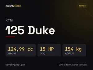 KTM 125 Duke teknik veri kartı — hacim, güç, ağırlık | KARAKRİDER