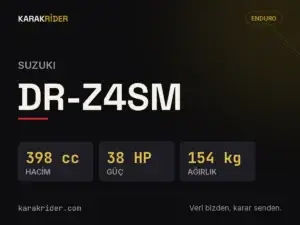 Suzuki DR-Z4SM teknik veri kartı — hacim, güç, ağırlık | KARAKRİDER