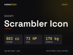 Ducati Scrambler Icon teknik veri kartı — hacim, güç, ağırlık | KARAKRİDER