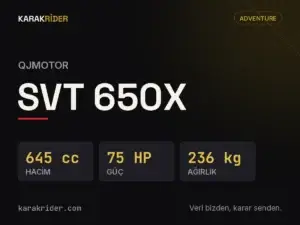 QJMotor SVT 650X teknik veri kartı — hacim, güç, ağırlık | KARAKRİDER