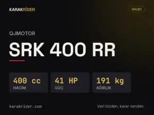 QJMotor SRK 400 RR teknik veri kartı — hacim, güç, ağırlık | KARAKRİDER