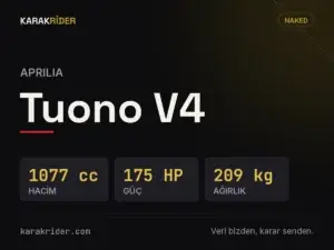 Aprilia Tuono V4 teknik veri kartı — hacim, güç, ağırlık | KARAKRİDER